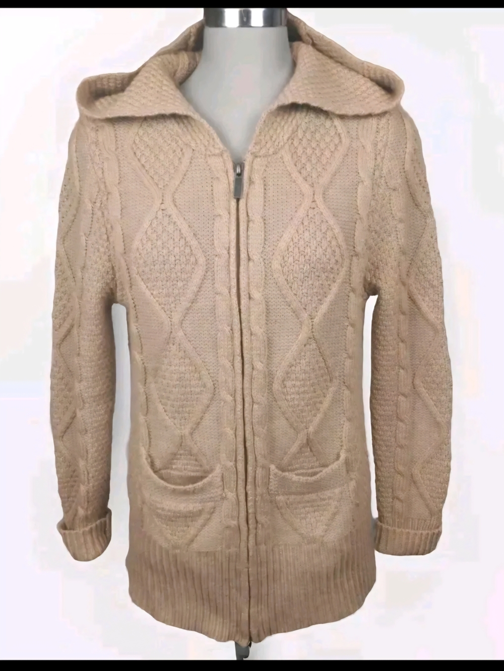 Kismet Cable-Knit Hooded Zip Cardigan - Beige Women's XL- Pockets- Fishermancore
